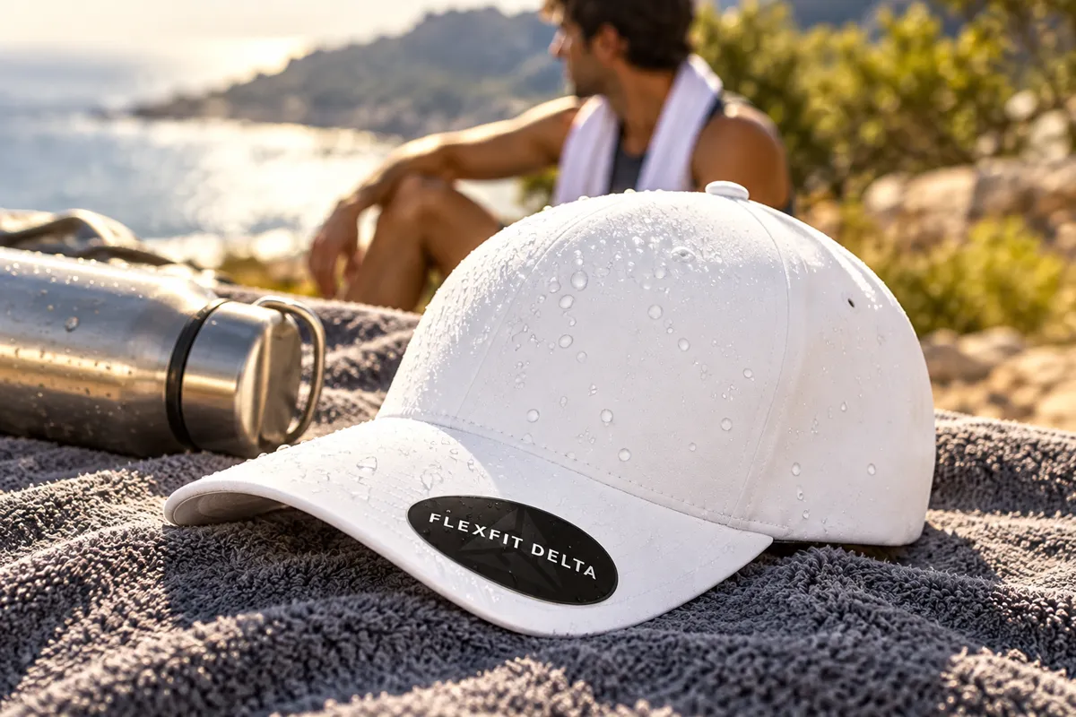 Nahaufnahme einer weißen Flexfit Delta Cap, auf deren glattem Stoff Wassertropfen abperlen
