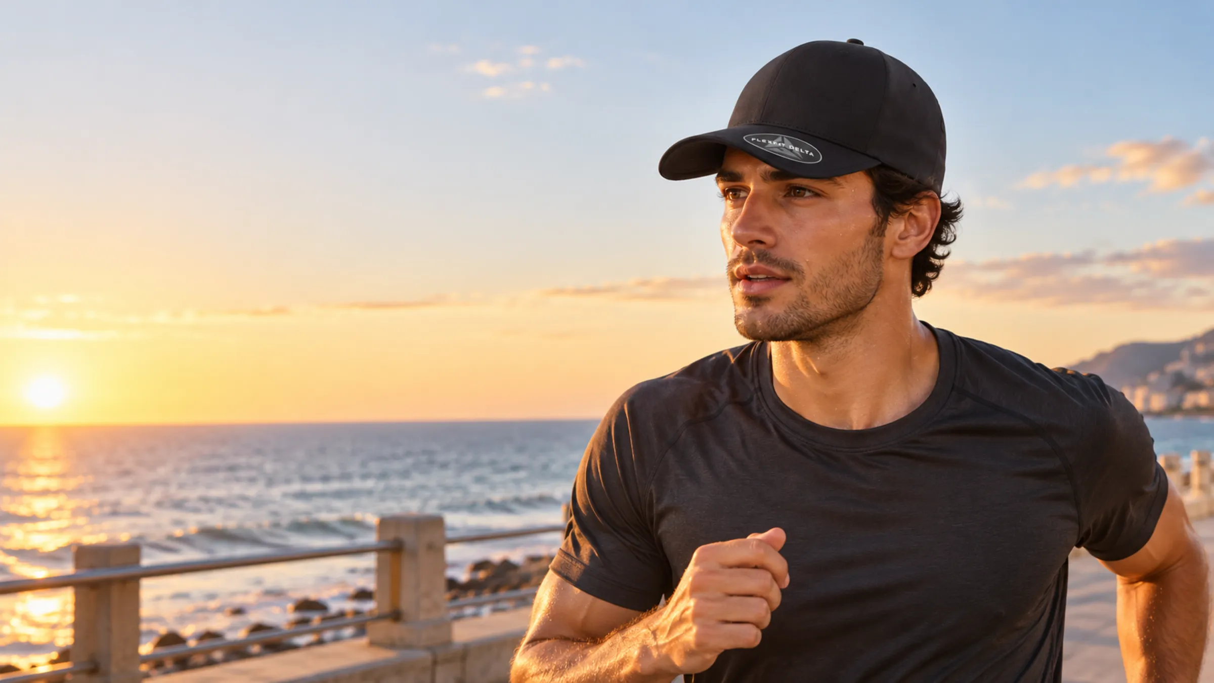 Junger Läufer mit schwarzer Flexfit Delta Cap an einer Strandpromenade bei Sonnenaufgang