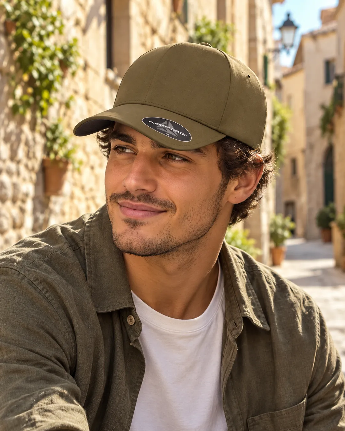 Junger Mann mit olivgrüner Flexfit Delta Cap in einer sonnigen Altstadtgasse