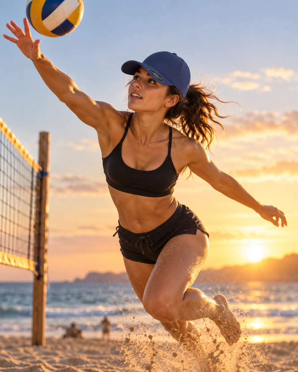 Junge Frau mit blauer Flexfit Delta Cap beim Beachvolleyball